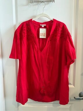 Knox Rose Women's Red Embroidered V-Neck Peasant Top Size 3X NWT